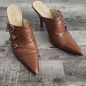 Coach Brown Pointed Leather Buckle Mule Heels